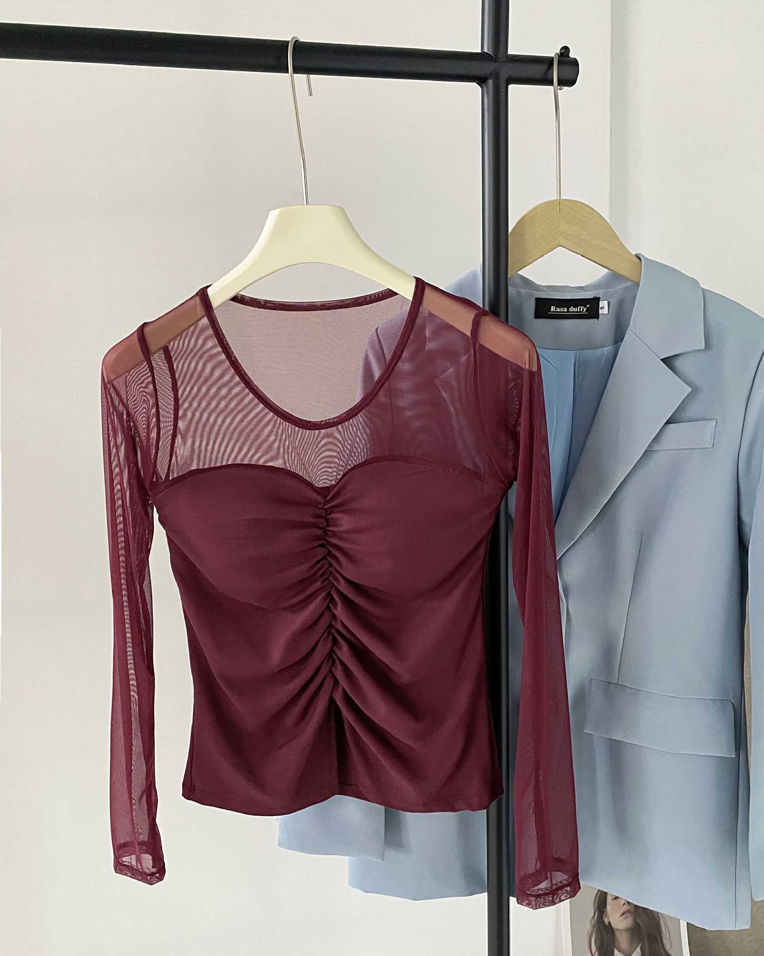 Women s Autumn Slim-Fit Pleated Mesh Cropped T-Shirt One Size [37.5kg-60kg]