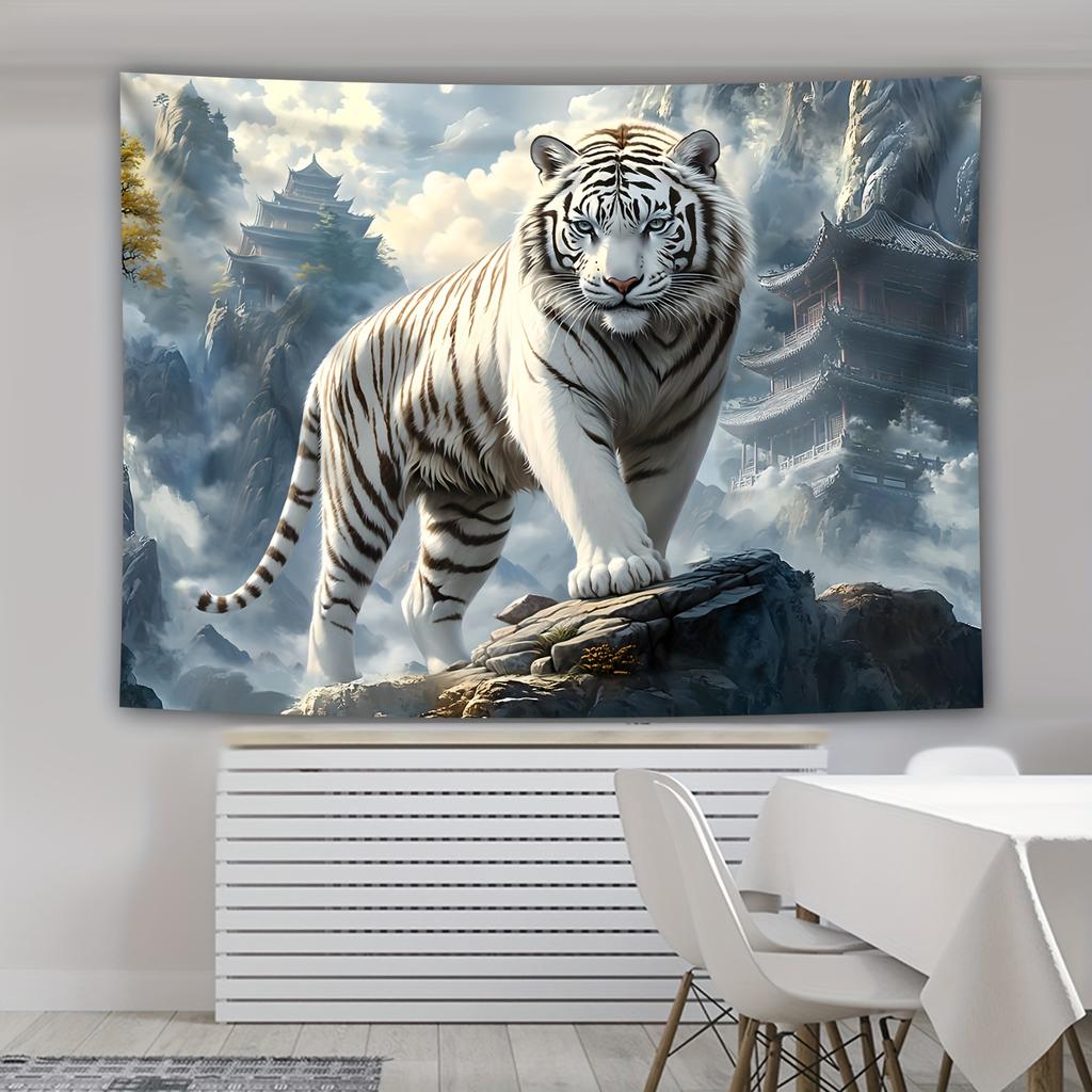 VIKAMA Nationalstil Weißer Tiger Wolkenmeer Bedruckter Wandteppich Leichter Luxus Wohnzimmer Teeraum Hintergrundteppich Heimdekoration