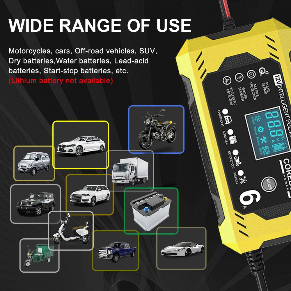 6A 12V For Lead Acid AGM Gel Batteries Charging Car Battery Chargers Intelligent Pulse Repair Household Storage Cell Charger
