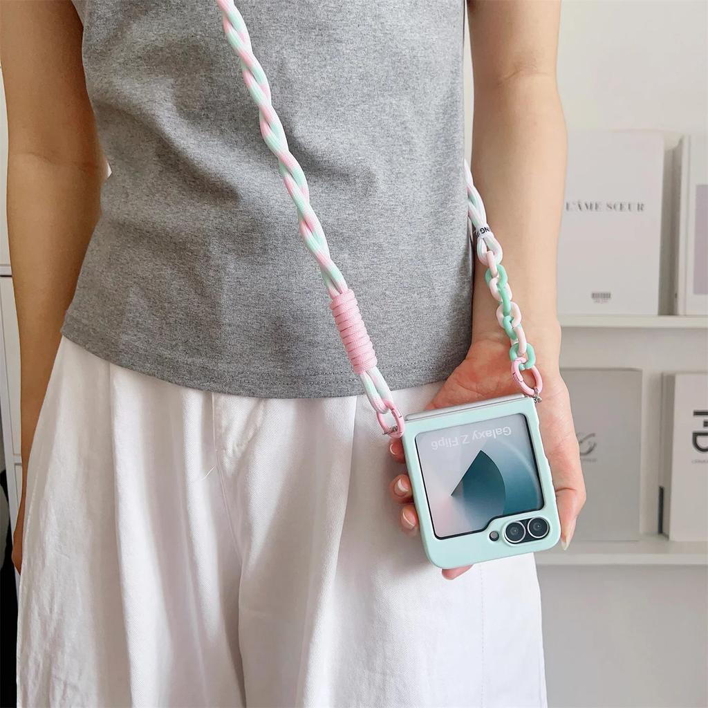 With Crossbody Lanyard Strap Slim Phone Case For Samsung Galaxy Z Flip 4 5 6 7 Fe Flip6 Flip5 Flip7 Cute Candy Protective Cover