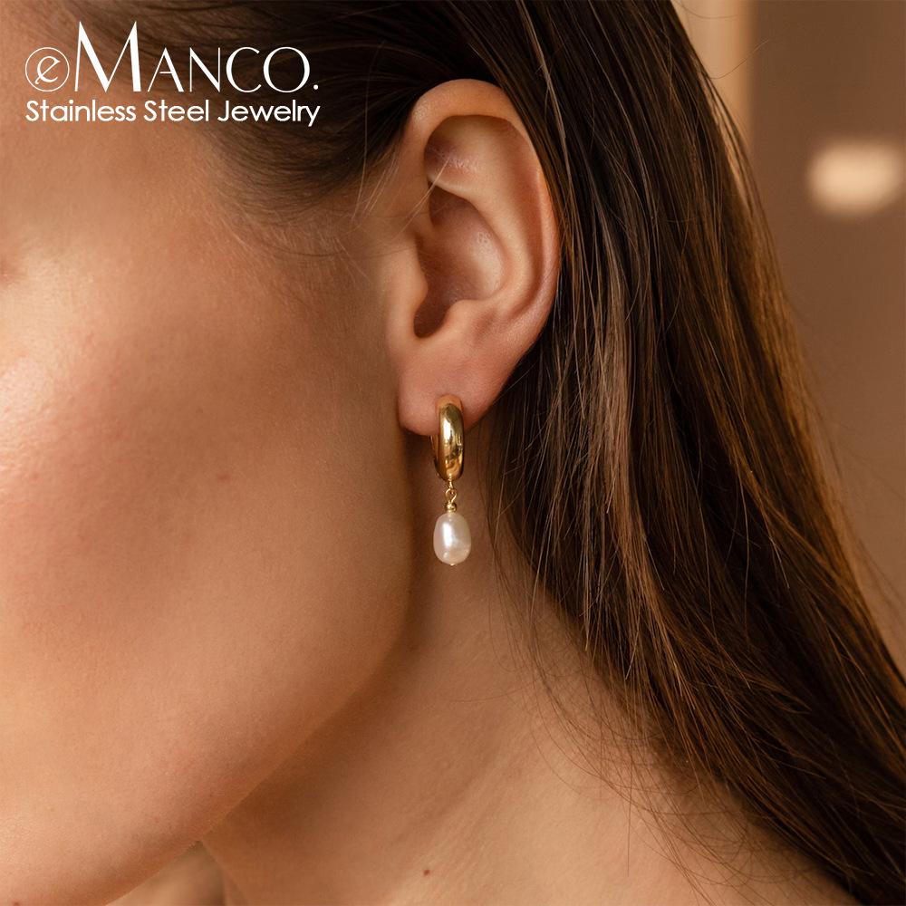 eManco 14K Gold Plated Freshwater Pearl Hoop Earrings for Women - Stainless Steel High-End Jewelry Accessories