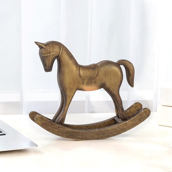 Wood Carving Rocking Horse Figurine Vintage Miniature Rocking Horse Statue Home Office Living Room Desktop Decoration Ornament
