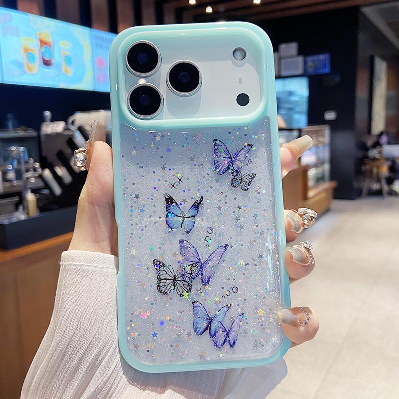 Bling Glitter Butterfly Phone Case for IPhone 17air 16 12 13 14 15 Pro Max Transparent Candy Color Epoxy Silicone Back Cover