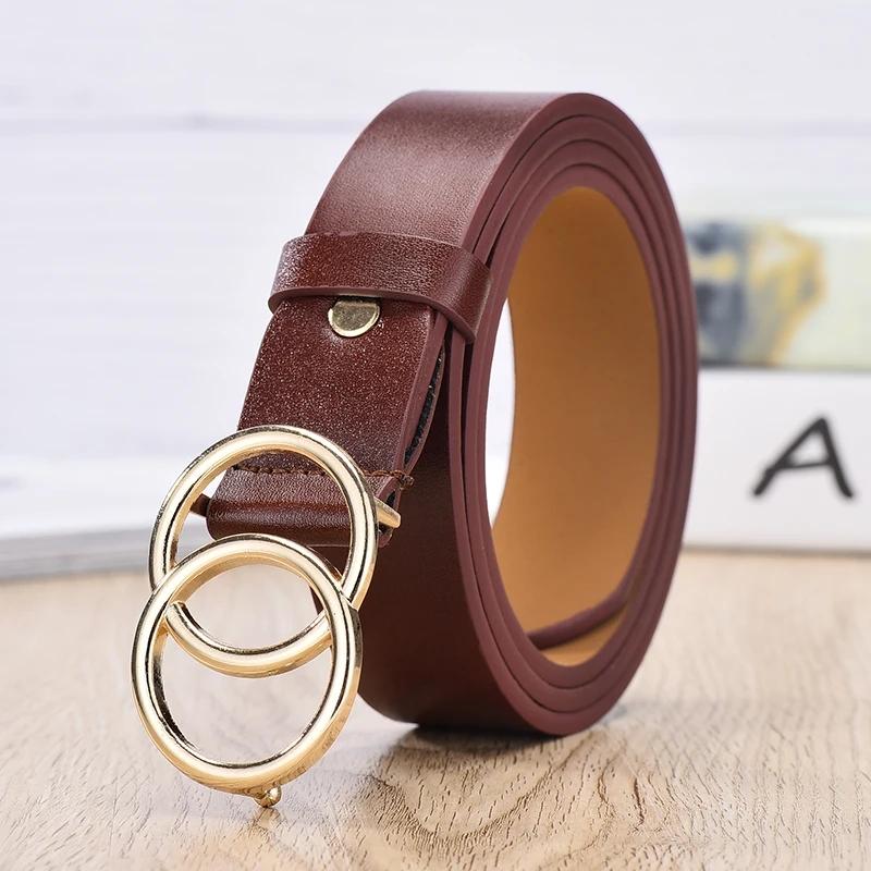 Cureaua de dama Trend Cureaua cu catarama dubla rotunda Cureaua de tineret simpla si versatila Curea din piele PU asociata cu fusta de blugi Curea de femei