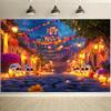 1 Day of the Dead party banner - Bright sugar skull street scene with colorful flowers & lanterns, polyester background fabric