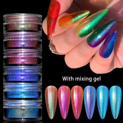 Perlglanz-Chamäleon-Nagelpulver, 6-Farben-Set mit Neonspiegel, magischem Spiegelpulver, Perlglanz-Laser-Glitzerpulver