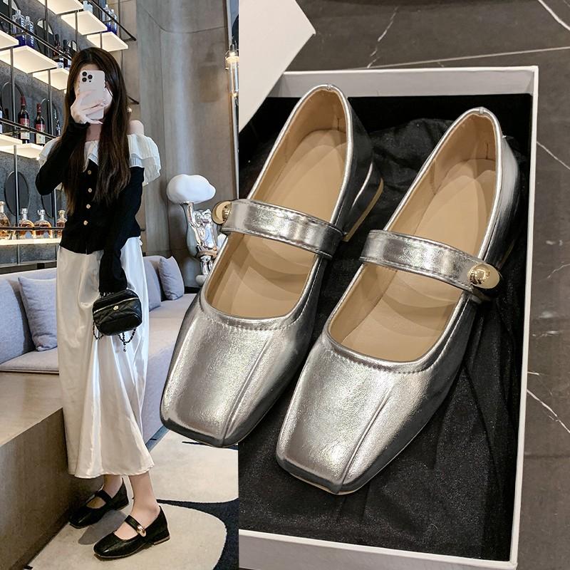 Fashion Low Heel Single Shoes Fashion Square Toe Shallow Mouth Pleated Metal Buckle One Strap Soft Sole Non-Slip Block Heel Shoes