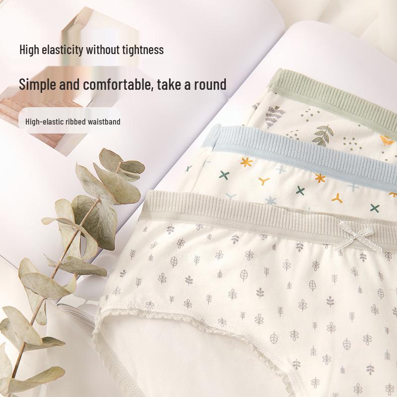 Women's Pastoral-Style Mori Girl Mid-Waist Cotton Lace Print Panties