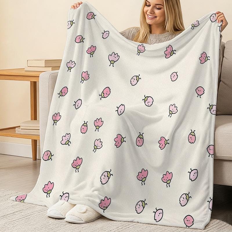 Cartoon Flowers Flannel Blanket - Lightweight Soft Cozy, Cute Home Throw for Halloween Christmas, Comfortable Sleep Companion