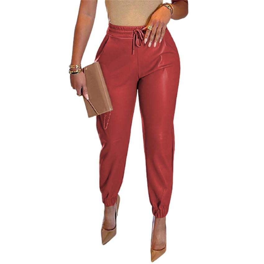Pantaloni leggings casual in pelle PU con tasca con coulisse in tinta unita moda donna
