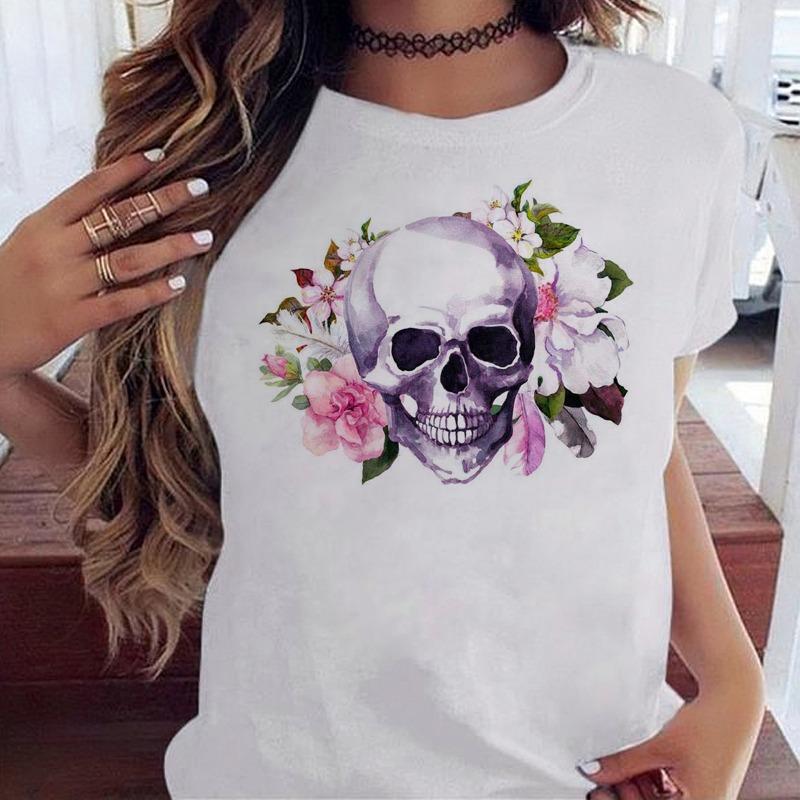 Fashion Skull Flower Print Women T Shirt Summer Casual Short Sleeve O Neck Women Tshirt