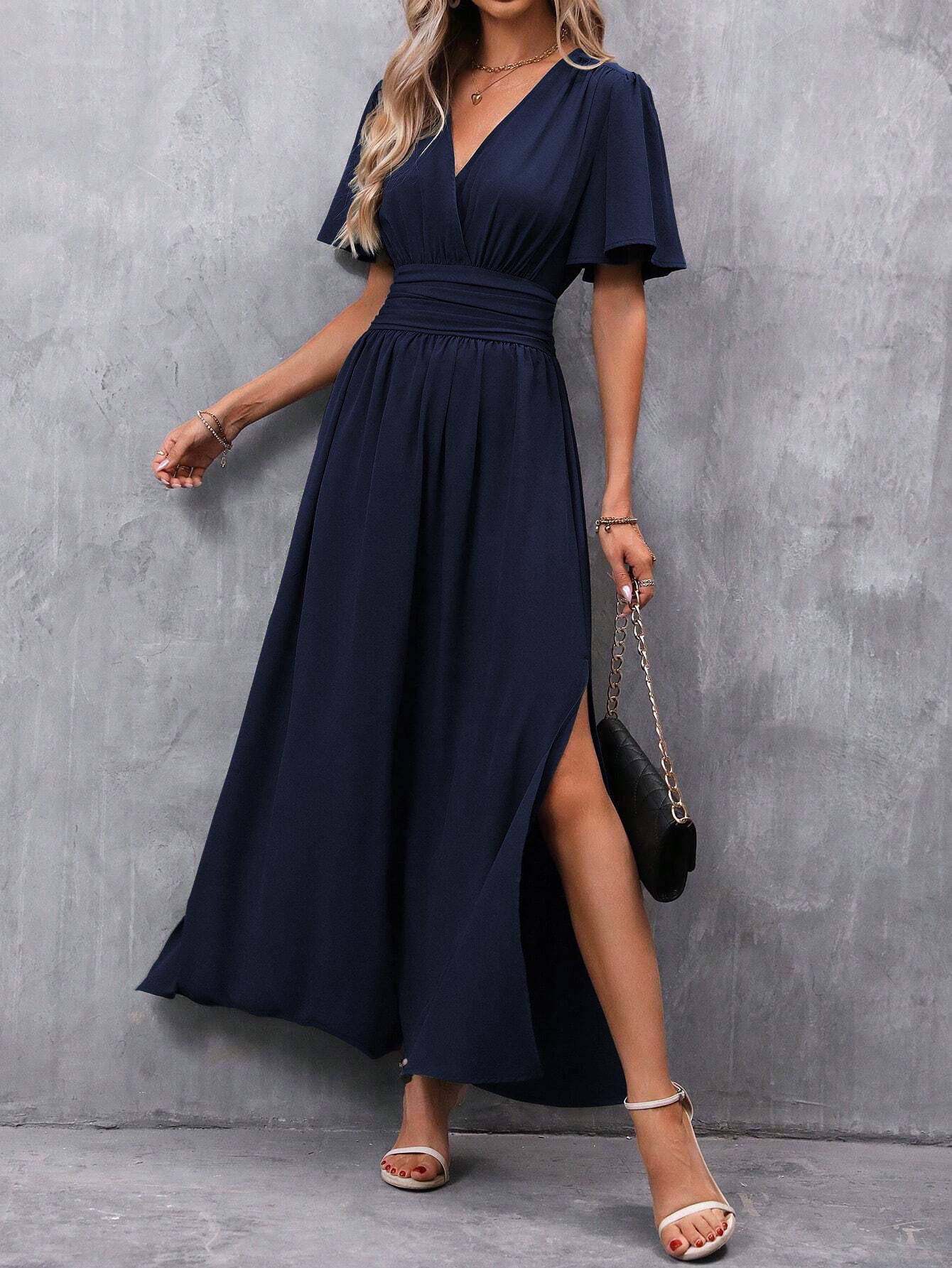 2026 European Style Elegant Flutter Sleeve High Slit Long Dress Extra Large
