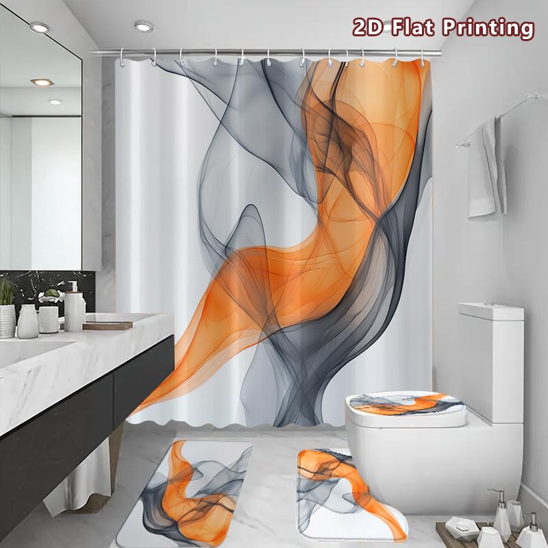 4Pcs Abstract Flowing Smoke Shower Curtain Set with Non-Slip Bath Mat, Toilet Lid Cover, Contour Rug & 12 Hooks, Bathroom Decor