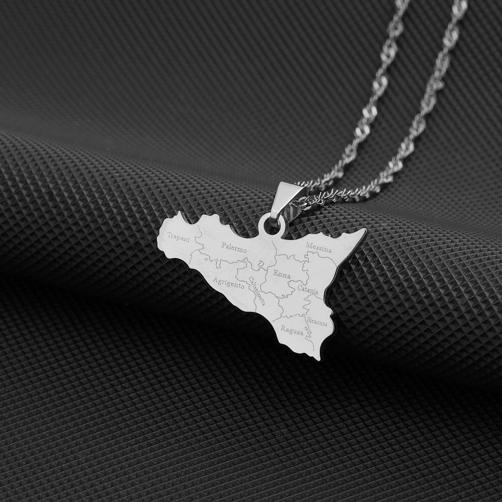 

Минималистичное ожерелье с картой Сицилии из нержавеющей стали и цепочка для свитера для пар - Женский осенне-зимний стиль