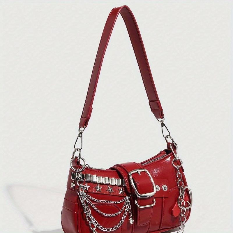 Y2K Fashionable Multi-Functional Star & Moon Design Unique Pink Chain Decor Steampunk Ladies Rock Style Bag Suitable for Girls'' Street Style