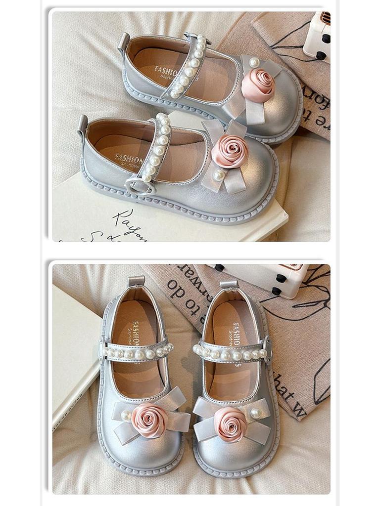 Children's Rose Floral Pearl Mary Jane Shoes - Non-slip, Stylish Spring/Autumn Leather Princess Shoes