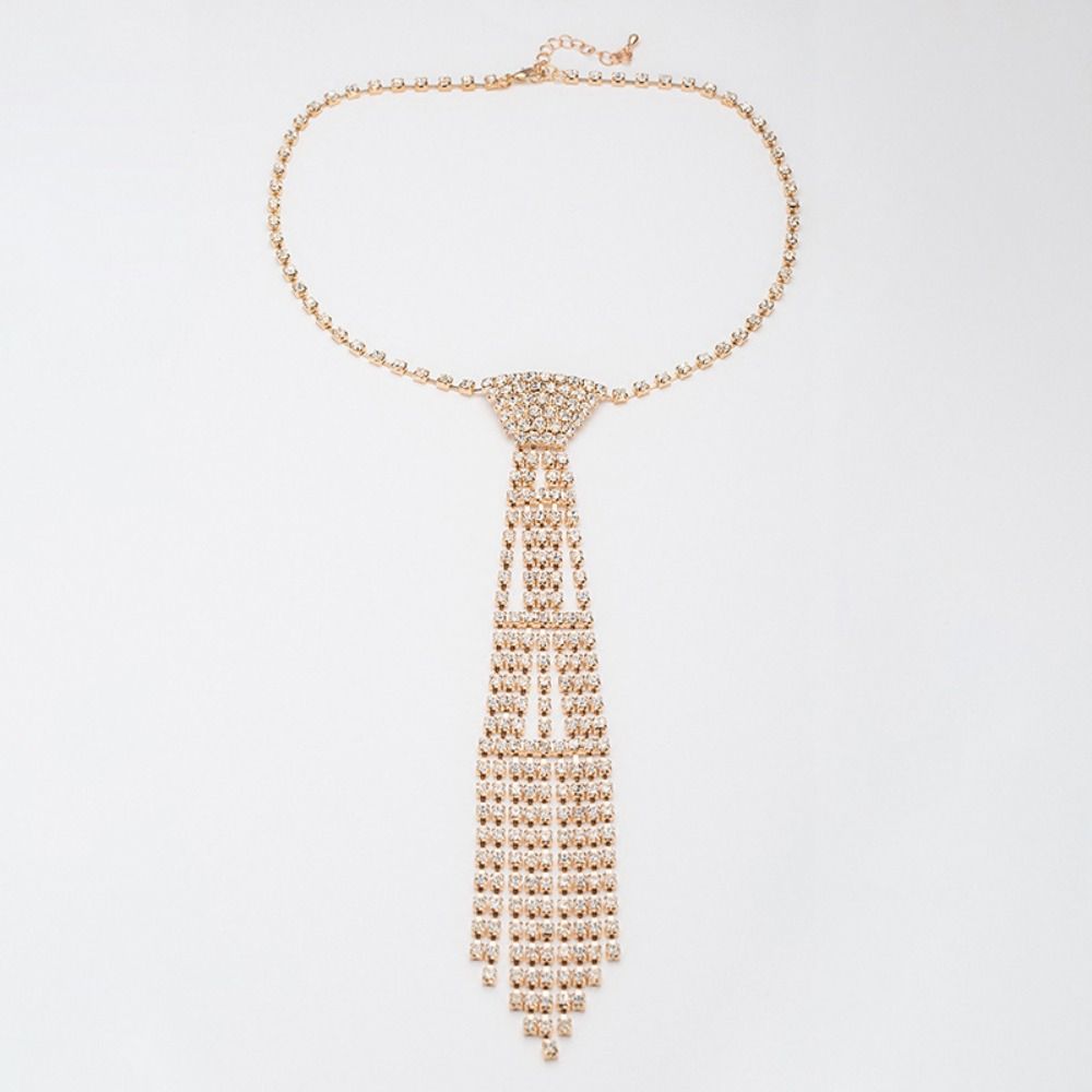 Y2K Rhinestone Tassel Necklace Exaggerated Crystal Chain Choker Creative Tie Shape Necklace  Gift