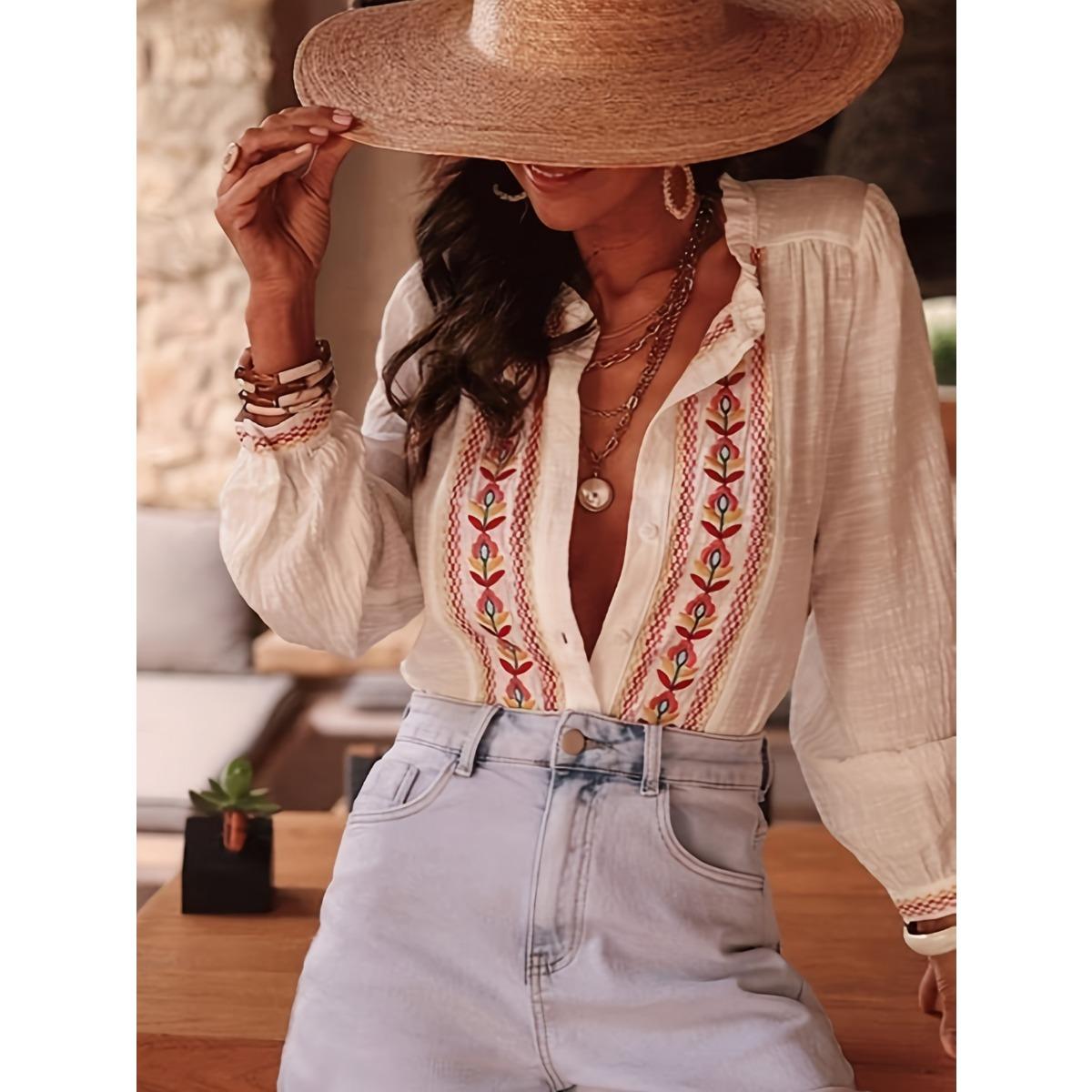 Spring Women s Vintage Ethnic Embroidered Long Puff Sleeve Vacation Blouse Top S
