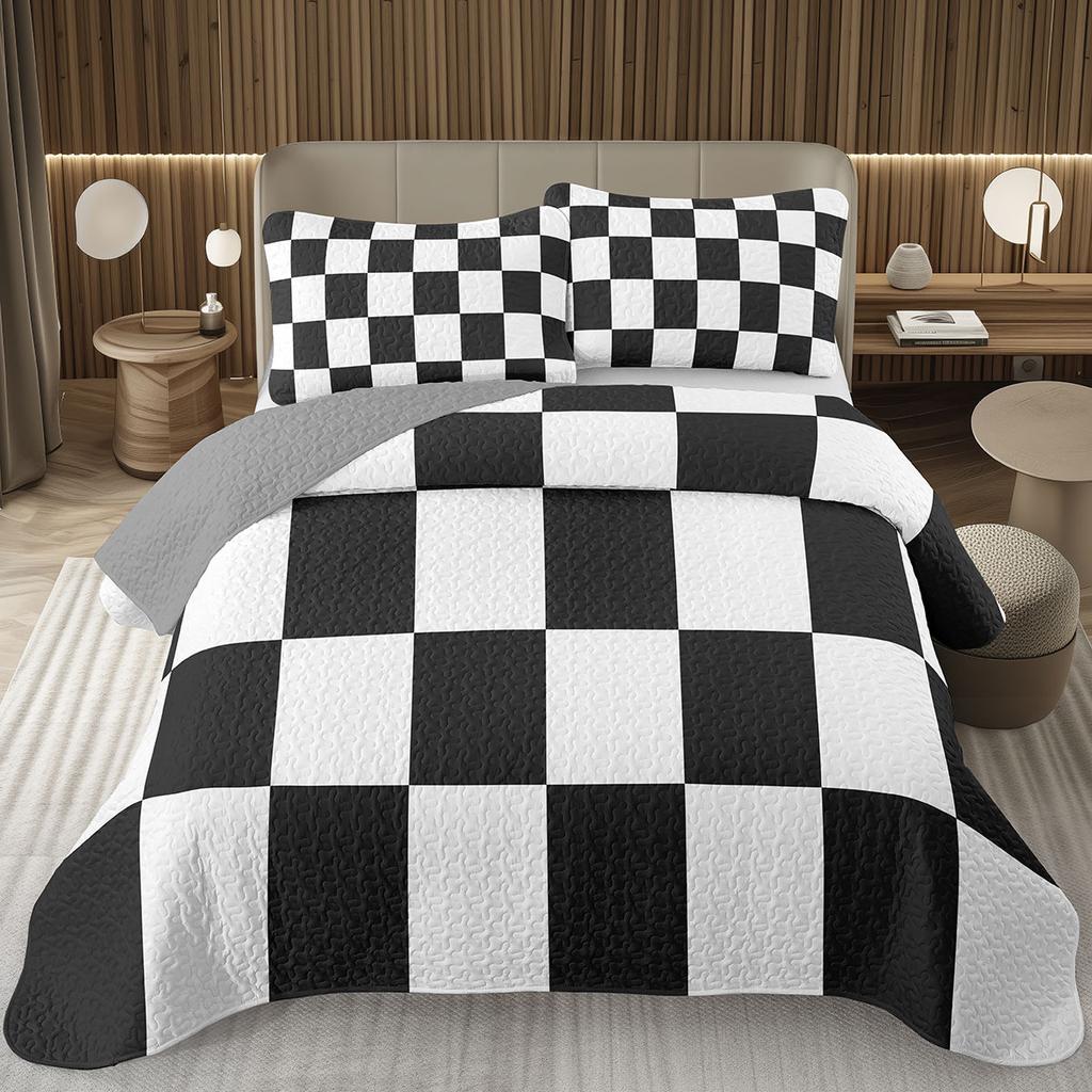Grid Bedspread Black And White Checkered Bedding Set,Farmhouse Buffalo Plaid Coverlet Geometric Gingham Checkerboard Bed Cover