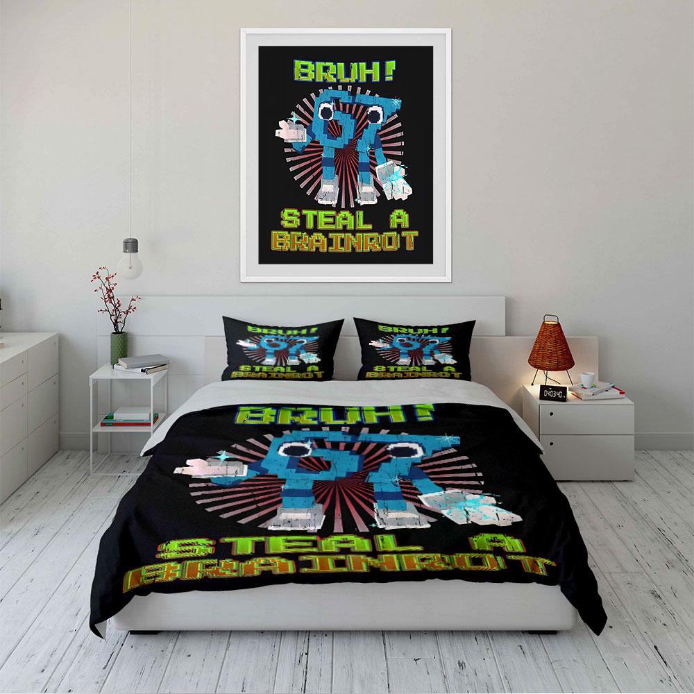 Bruh Robot Steal Brainrot Bedding Duvet Cover Set (1*Duvet Cover 2*Pillowcases, without duvet insert)