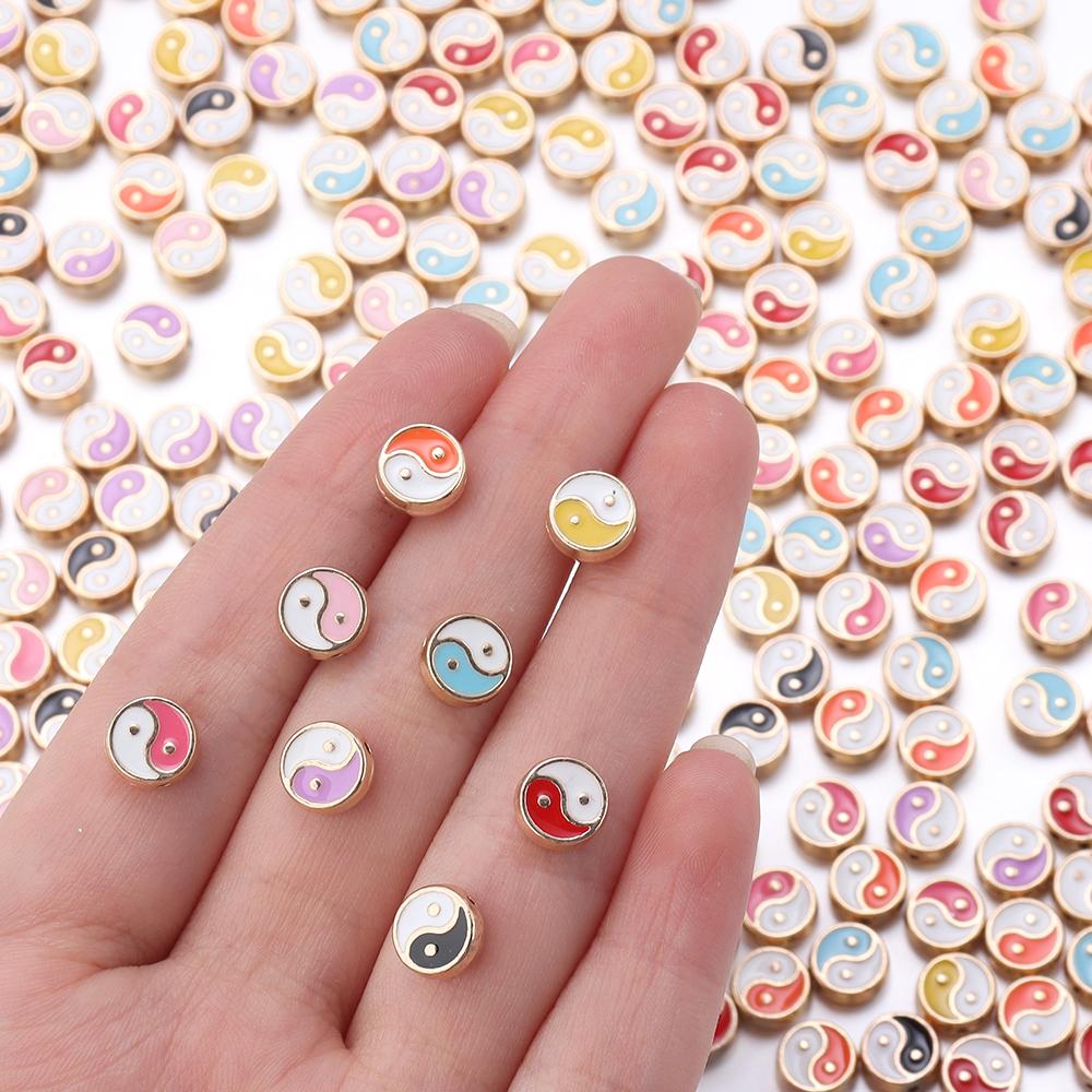 10pcs Double Sides Oil Drip Yinyang Beads for Jewelry Making Round Tai Ji Enamel Beads DIY Bracelet Necklace Loose Spacer Bead