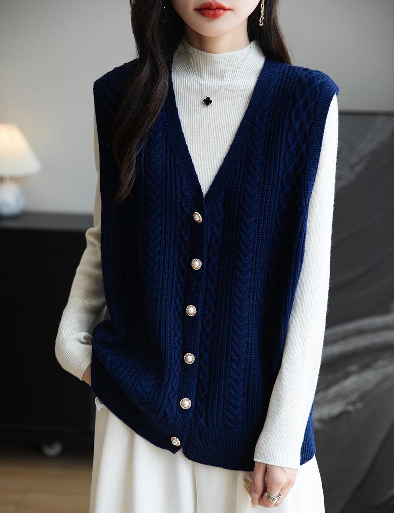 Women's Wool V-neck Cardigan with Rhinestone Buttons - Sleeveless Knit Pullover Vest, Large Quantity Available in Stock