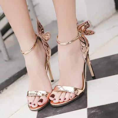 Pumps mit offenem Zeh, Schnallenriemen und Überzug, Stilettoabsatz, dreidimensionale große Schmetterlingsflügel, Damensandalen, Sommerschuhe