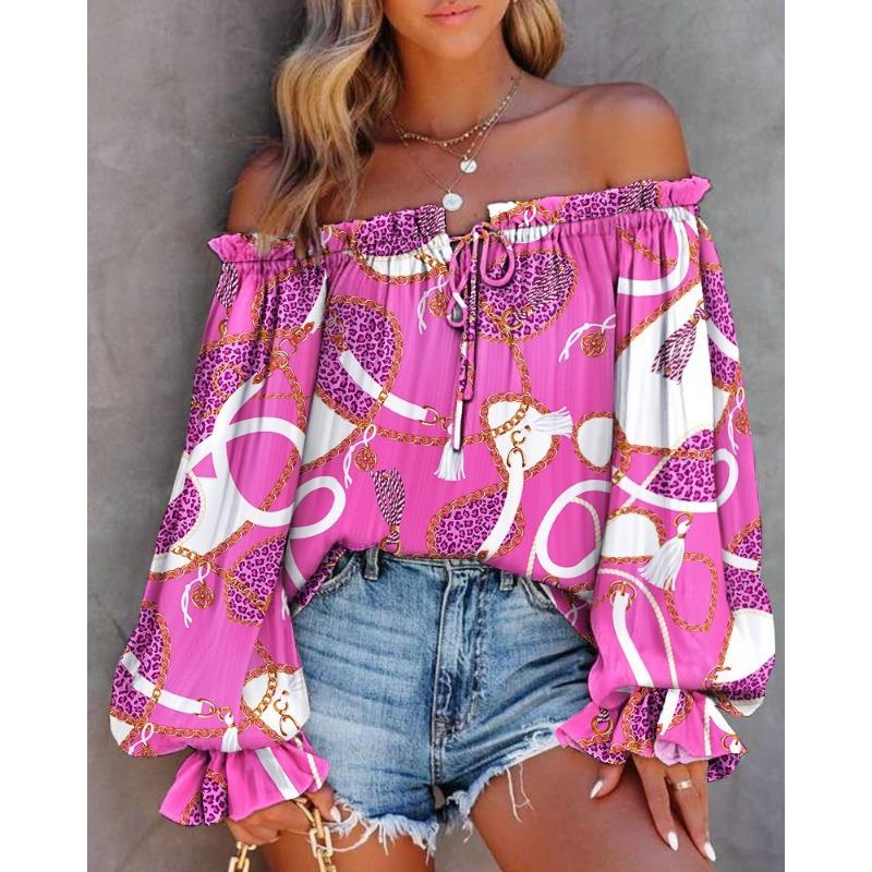 Women S One Shoulder Long Sleeve Printed Casual Shirt