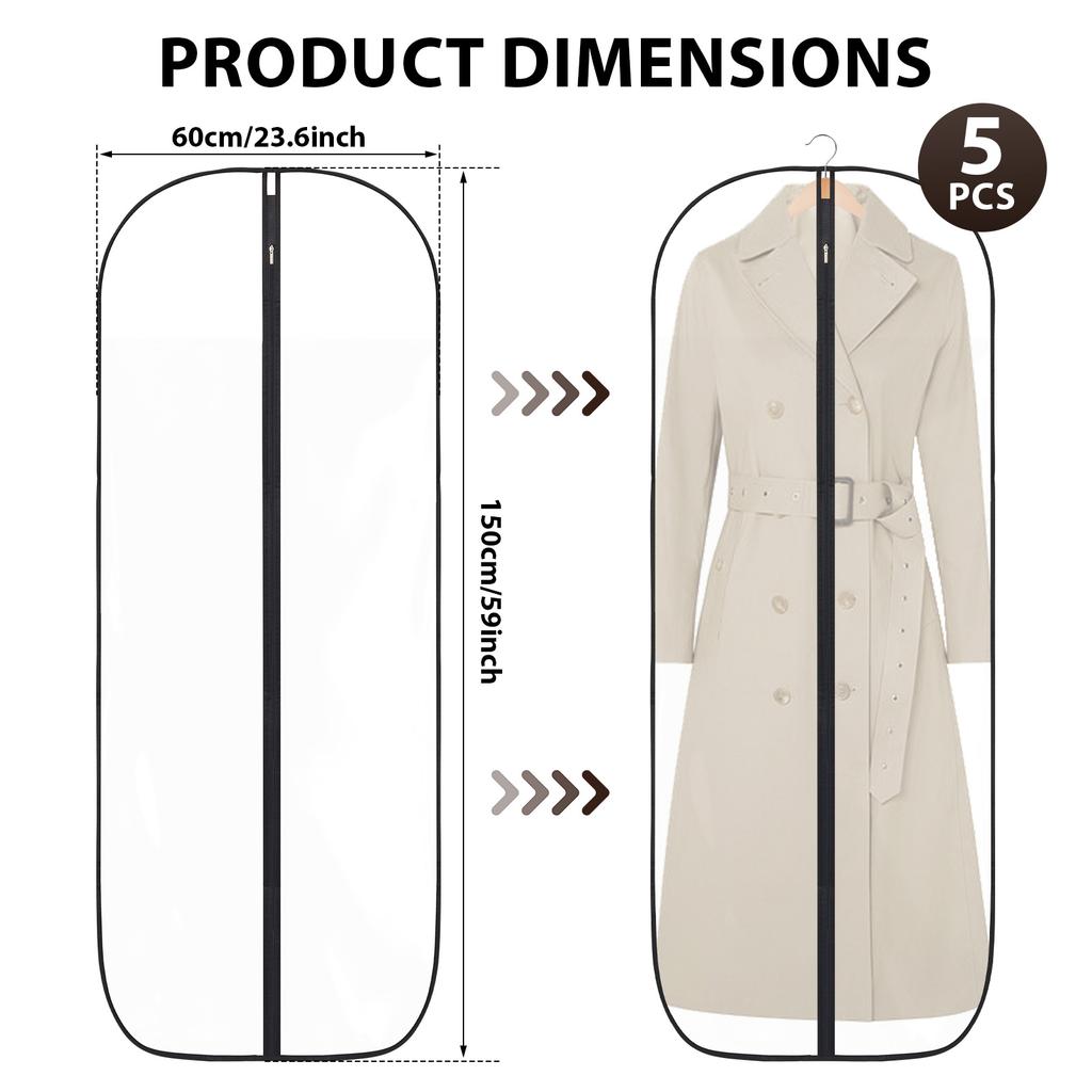 5Pcs Garment Bag Transparent Suit Dust Proof Cover with Zipper Multi-role Travel Dress Bag Wardrobe Storage Bag for Home Travel