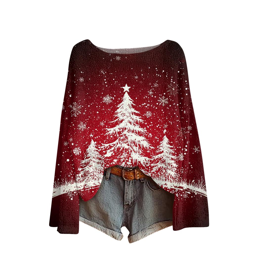 Ladies' Fashionable Casual Long Sleeved Christmas Printed Round Neck Knitted Yarn