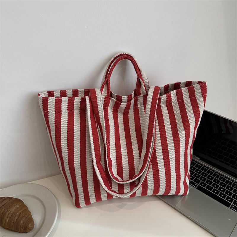 Borsa Tote in Tela a Strisce da Donna di Grande Capacità - Versatile per Autunno/Inverno, a Spalla Singola, Perfetta per Fare la Spesa, la Scuola o il Pendolarismo
