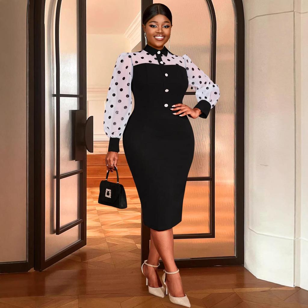 Plus Size Black & White Polka Dot Puff Sleeve Waist-Cinched Shirt Collar Work Dress