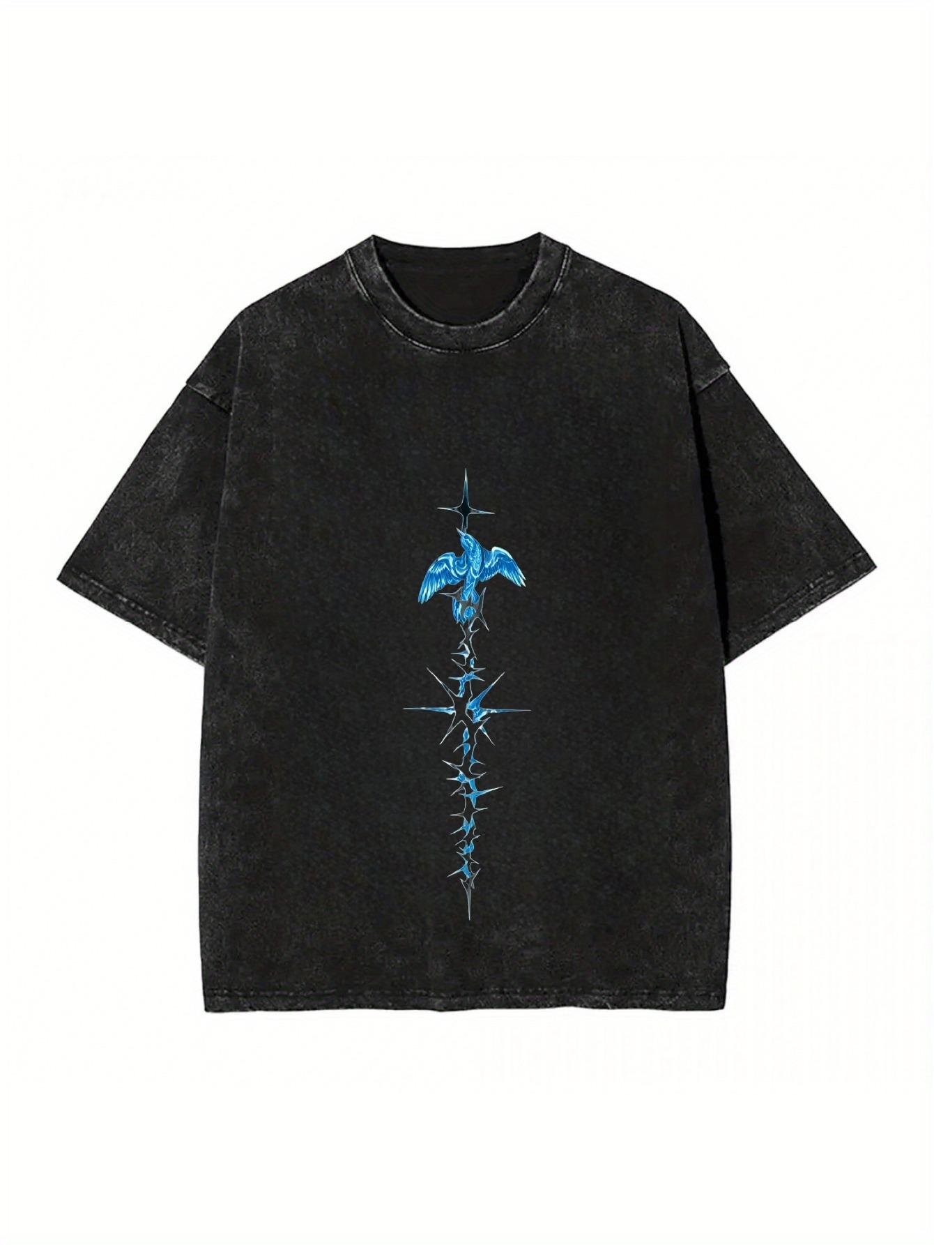

Washed Blue Eagle Star Print 100% Cotton Oversized Short Sleeve T-shirt L чёрный