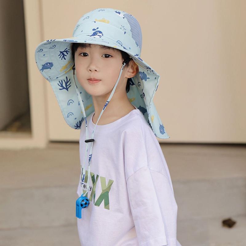 Anti Uv Kids Summer Baby Sun Hat Printed Whistle Shawl Hat For Girls Boys Outdoor Neck Ear Cover Beach Cap