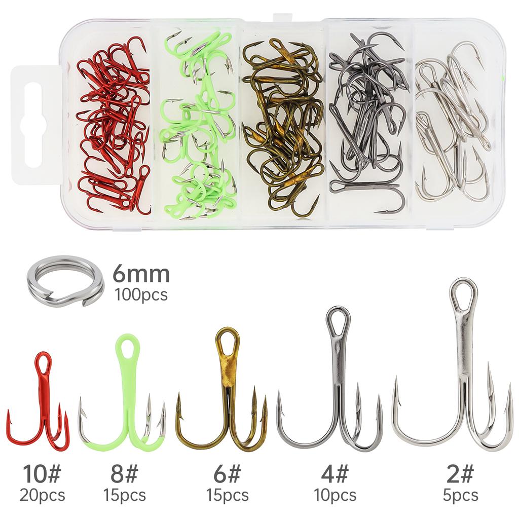 165pcs High Carbon Steel Barbed Treble Hooks Connector Circle Set Assorted Sizes 2#-10# with Storage Box