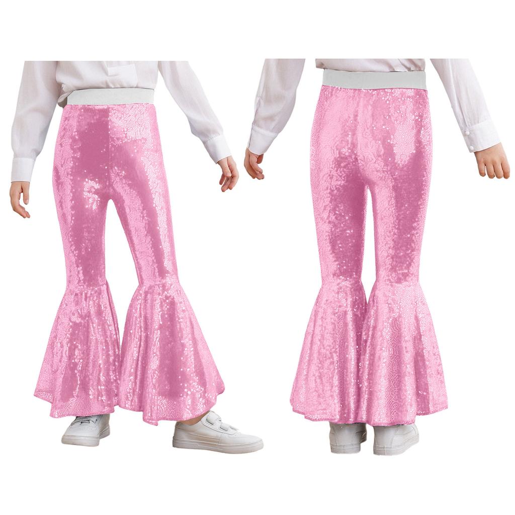 Pantaloni Compleți pentru Spectacol pe Scenă pentru Fete: Pantaloni evazați strălucitori cu paiete și talie elastică pentru dans și spectacol