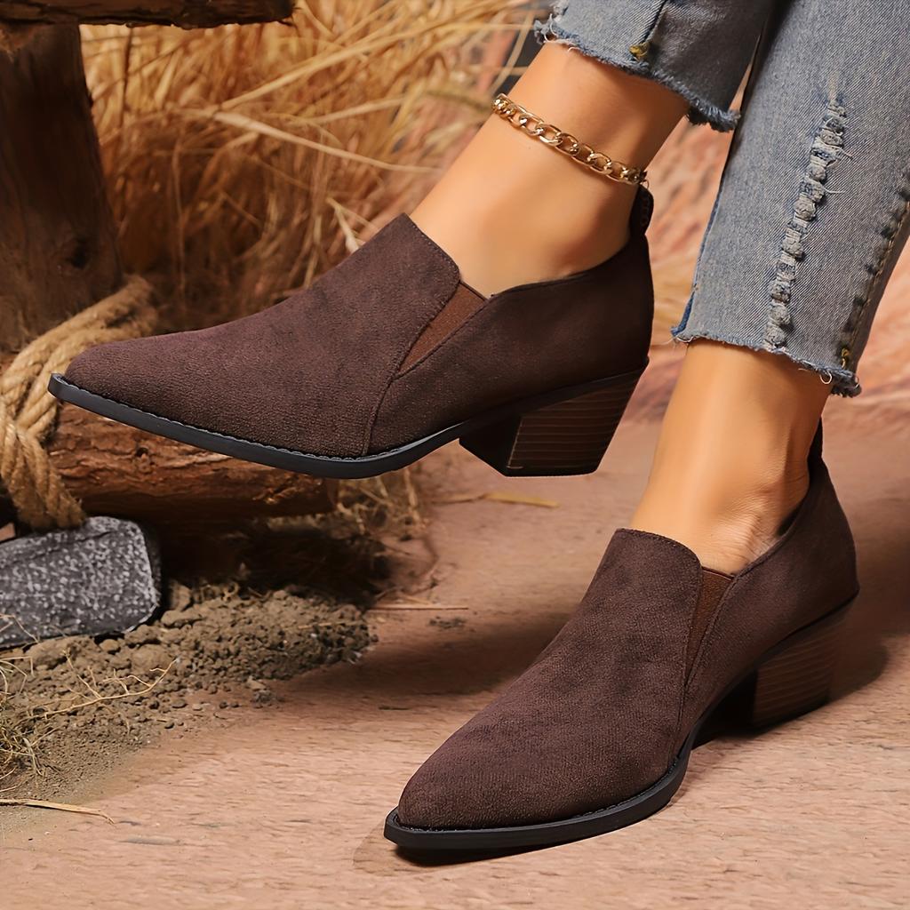 Pointed Toe Chunky Heel Shoes - All-Season Comfort, Black Faux Cover with Golden Accents, Casual & Office Wear Perfect for Daily Commut