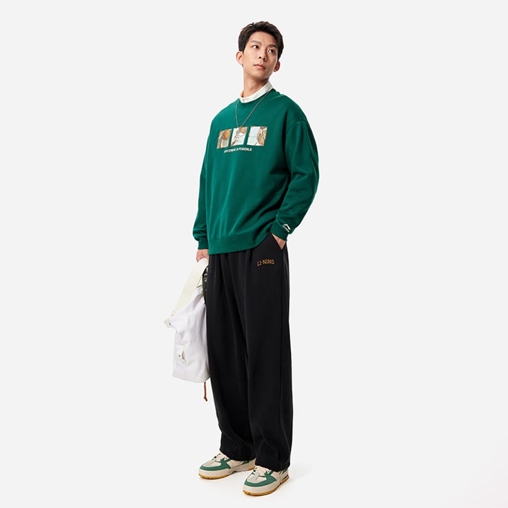 Li Ning Sports Lifestyle Series Round Neck Printed Letter Warm Fleece Pullover Sweatshirt Unisex Sweatshirt Lush-Green AWDUC91-3