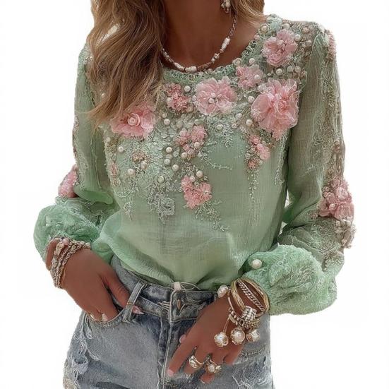 Women Tops Round Neck Long Sleeve Loose Fit Tee Shirt 3D Flower Printing Faux Pearls Decor Pullover Tops Casual Office Wear