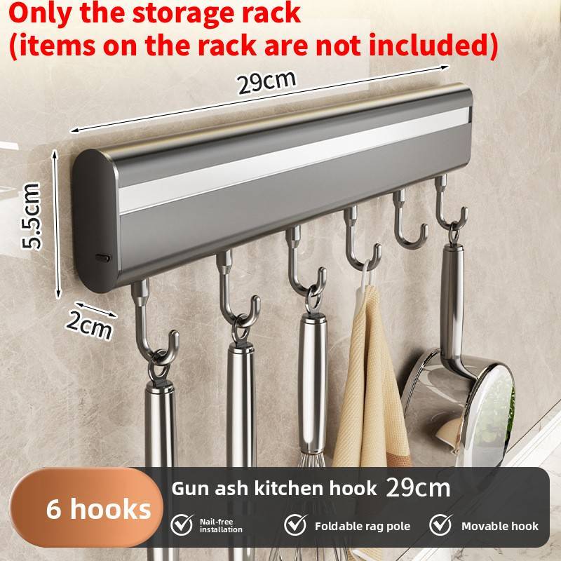 Aluminum Alloy Kitchen Wall Mount Rack With Hooks For Utensils And Cookware Storage