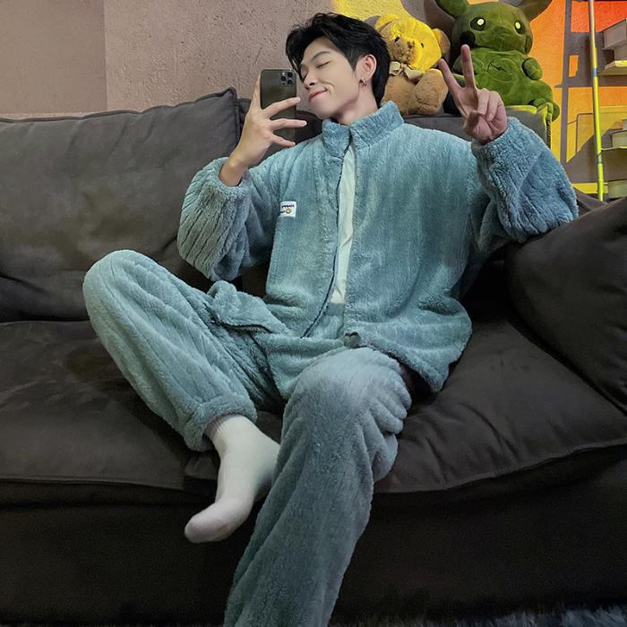 Pigiama Set Uomo Autunno Inverno Spesso Pile Cerniera Collo Alto Manica Lunga Pigiami Caldi Peluche Loungewear Uomo Casual Abbigliamento Casa