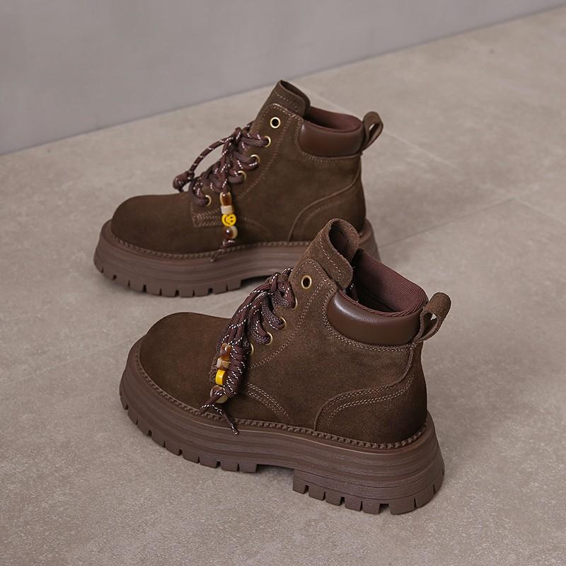 Fashion Boots Autumn New Round Toe Suede Lace-up Platform Non-slip Wear-resistant Square Heel Mid-leg Boots