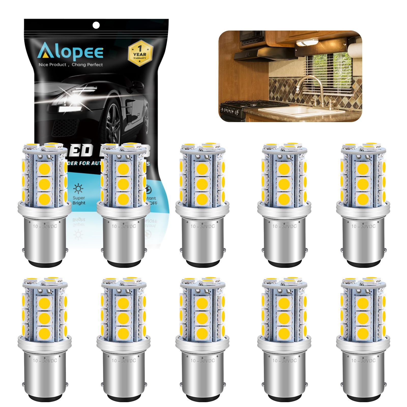 

Alopee BA15D LED Warm Replacement for 1142 RV Interior Camper Boat Trailer 18SMD 5050 Chip of Bulb, Non-Polar White, 3000K, 12V/24V DC/AC 1004, 1076,