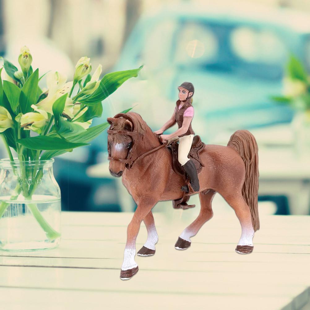 Miniature Simulation Brown Horse with Horsewoman Figurine and Saddle Animal Figure Collection Model Toys for Kids