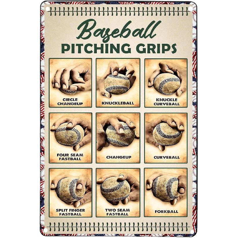 Baseball Pitching Grips Retro Metal Sign Tin Sign Retro Art Print Poster Decoration Bar Cafe Club Wall Plaque 8x12 Inches