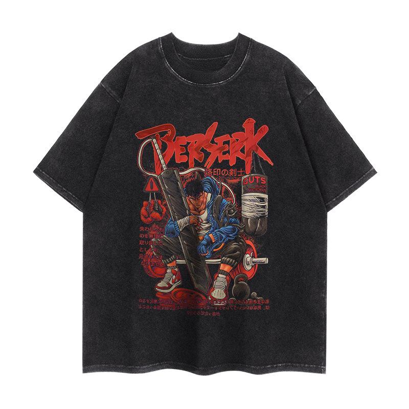 Anime Berserk T Shirt Vintage Washed T-shirts Oversized Streetwear Tops Black Tees Men Women Clothing Cotton Fashion Tshirt