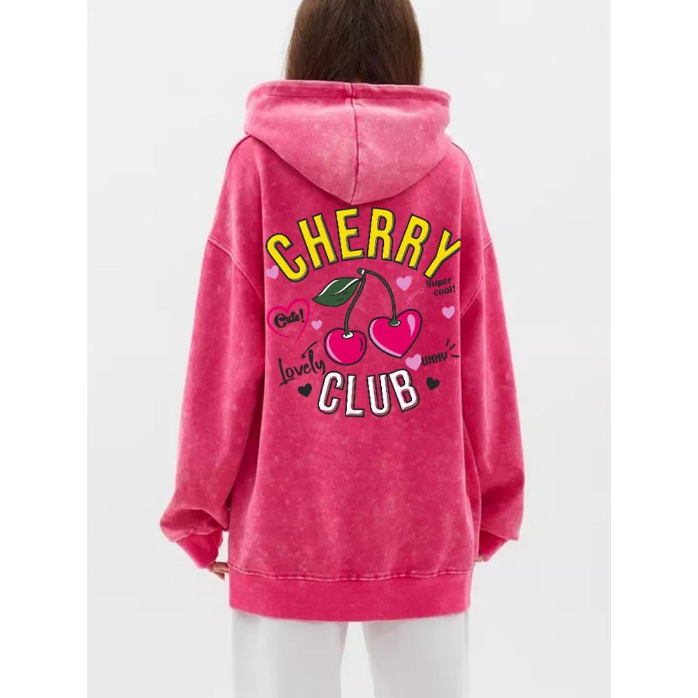 Street Women Washed Hoodie Cherry Club Cute Cartoons Print Sweatshirt Retro Oversize Cotton Pullovers Casual Couple