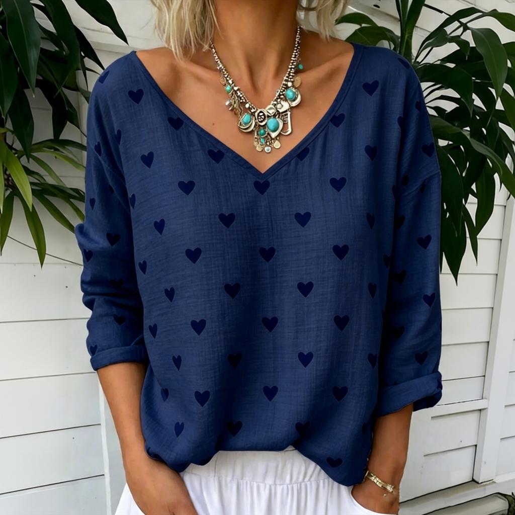 Women's Casual Loose Fit Long Sleeve V Neck Top Heart Print Cotton Linen Blouse Lightweight Breathable Comfortable Fabric
