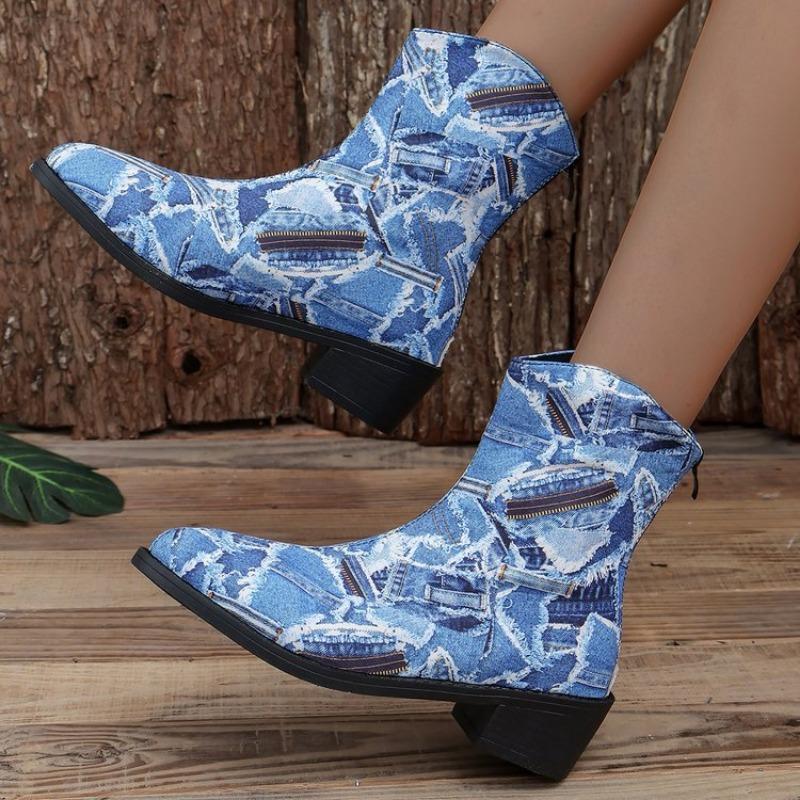Large size denim splicing medium tube fashion boots autumn and winter new square heel pointed women's boots