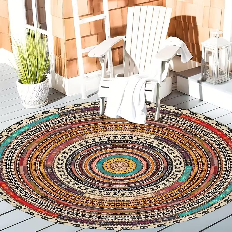 Bohemian Mandala Design Runder Außenbereich Teppich Rutschfest Waschbarer Teppich für Wohnzimmer Schlafzimmer Hand für Café Restaurant Dekor